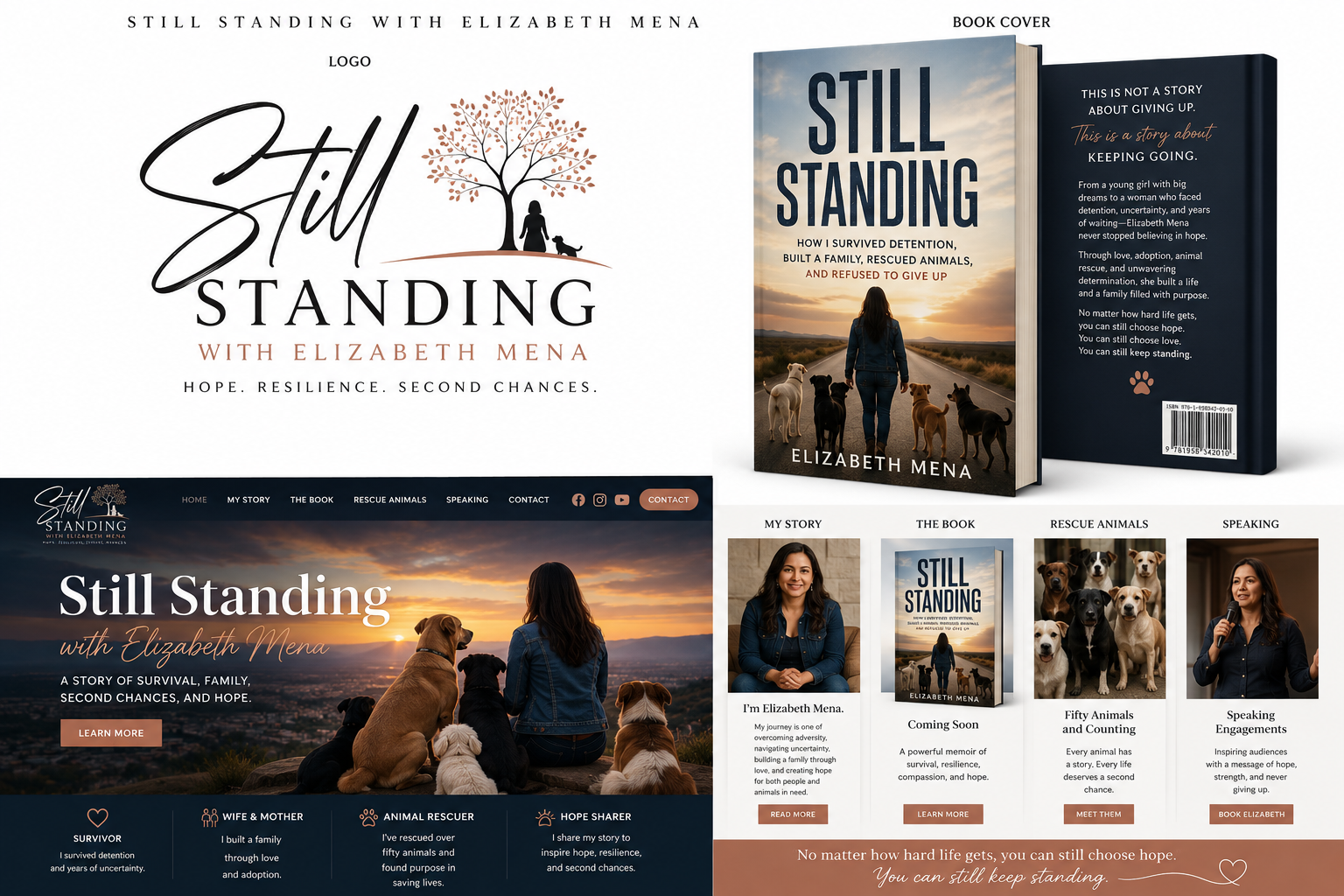 Still Standing brand mockup with logo, book cover, and website preview
